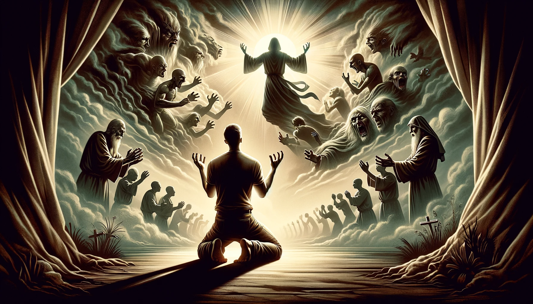 내가 아니라 주님을 대적하는 자들을 위한 간구기도 - Here is the image depicting a person in prayer, specifically praying against those who oppose the Lord. The individual's posture and expression convey the intensity and sincerity of their prayer, with symbolic elements representing the spiritual battle they are engaged in.