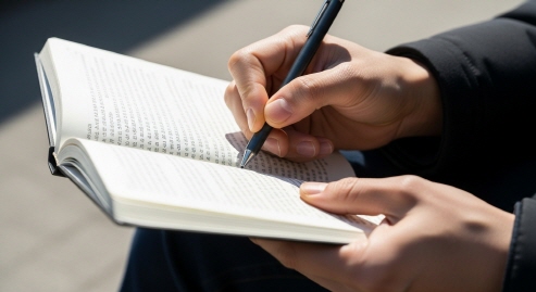 북저널링 노트를 펴놓고 책 구절 옆에 자신의 생각을 정리하는 손