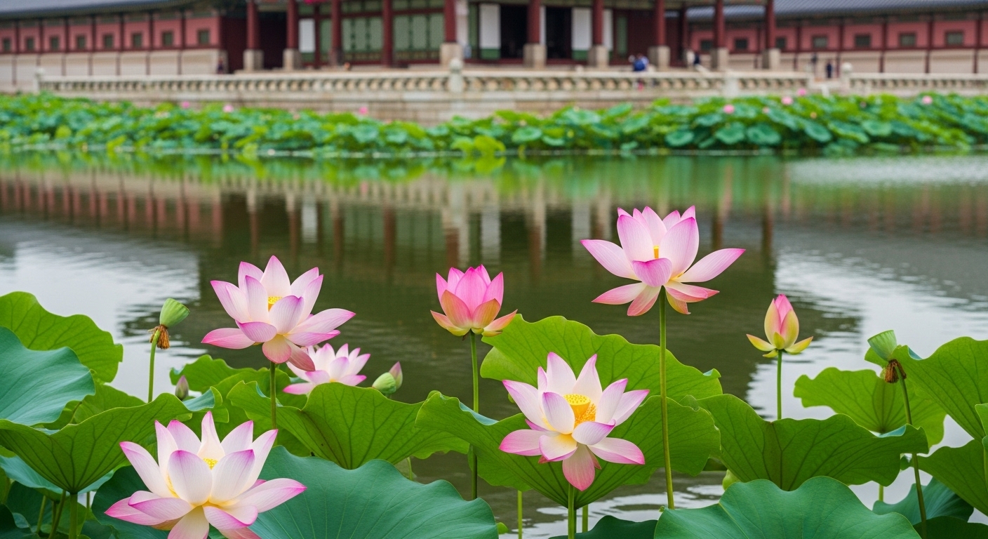 궁전 앞 호수에 연꽃이 활짝 피어있는 모습