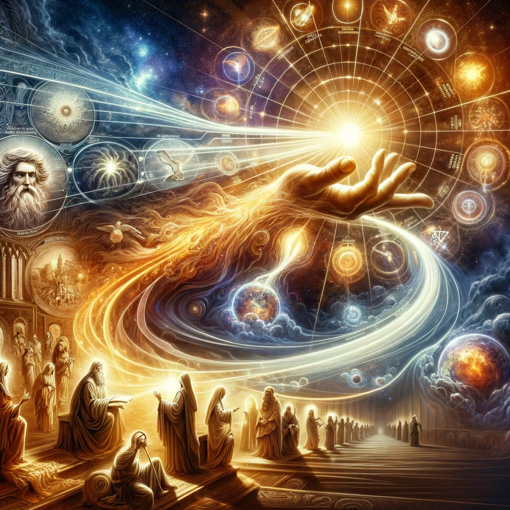 이 이미지는 하나님의 손에서 나오는 빛이 시간을 통해 흐르며 역사적 순간들을 창조하고 영향을 미치는 모습을 표현합니다. 인간 역사의 중요한 순간들이 이 빛 속에 녹아 있으며, 다양한 시대와 문명의 인물들이 경외하는 자세로 이를 바라보고 있습니다. 배경은 시간과 우주를 초월하는 무한한 공간으로, 하나님의 초월적인 능력을 상징합니다. 이 이미지는 모든 것이 하나님의 뜻과 능력에 의해 이루어짐을 강조합니다.