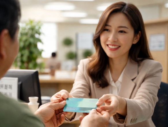 지원금 카드를 받으며 기뻐하는 주민의 모습이 보이는 그림