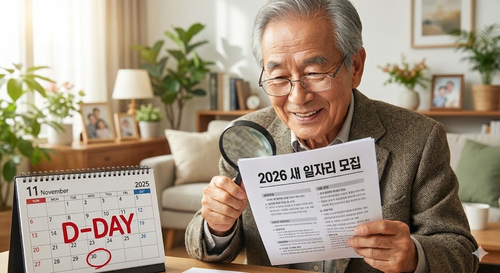 11월 달력에 'D-Day'가 붉게 표시되어 있고, 돋보기를 든 시니어가 신규 일자리 공고를 꼼꼼히 살피는 모습