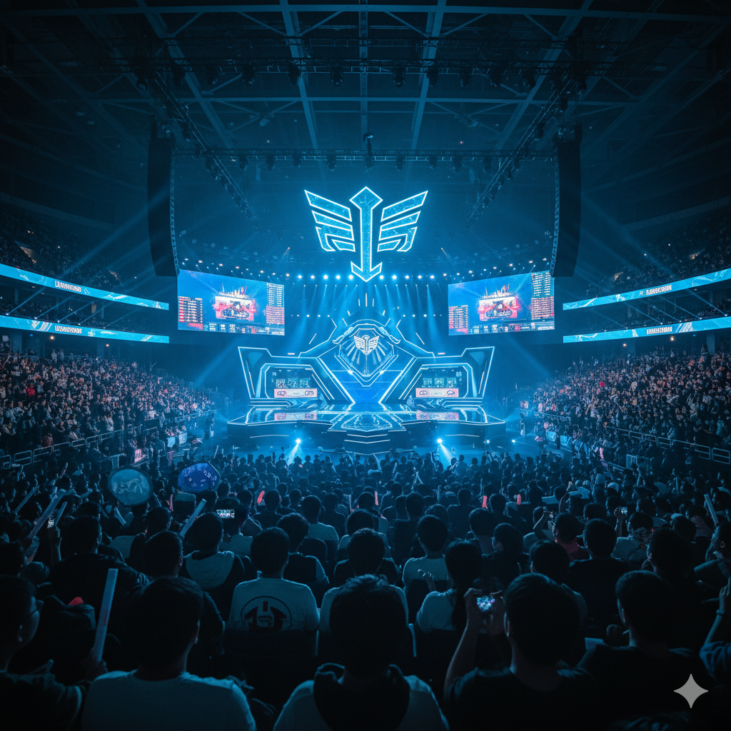 League of Legends Worlds 2025 Grand Final stage in Chengdu arena, thousands of fans under blue lights, big LED screens, LoL logo at center stage, esports world championship atmosphere, highly detailed realistic photo