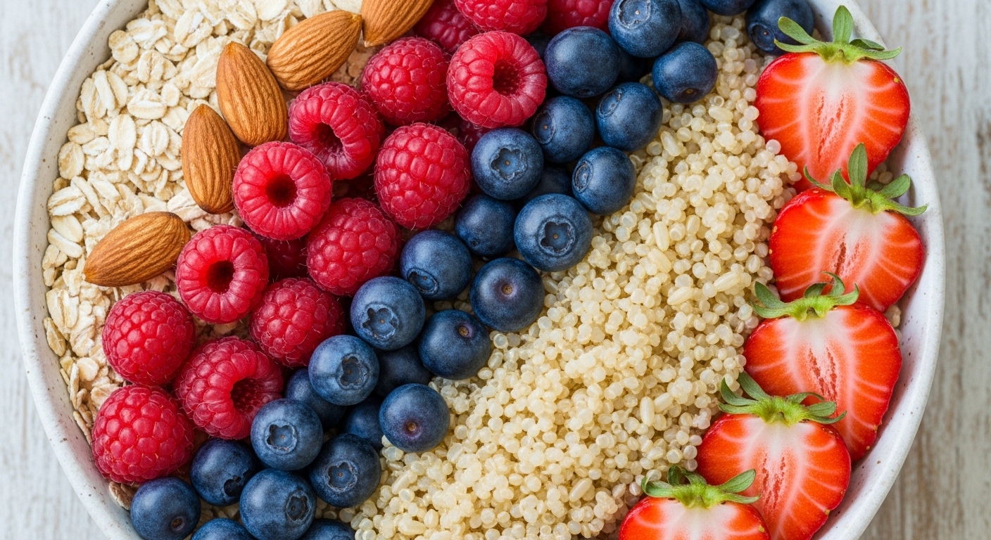 다양한 통곡물과 베리류, 견과류가 담긴 건강한 아침 식사 그릇이 클로즈업된 모습
