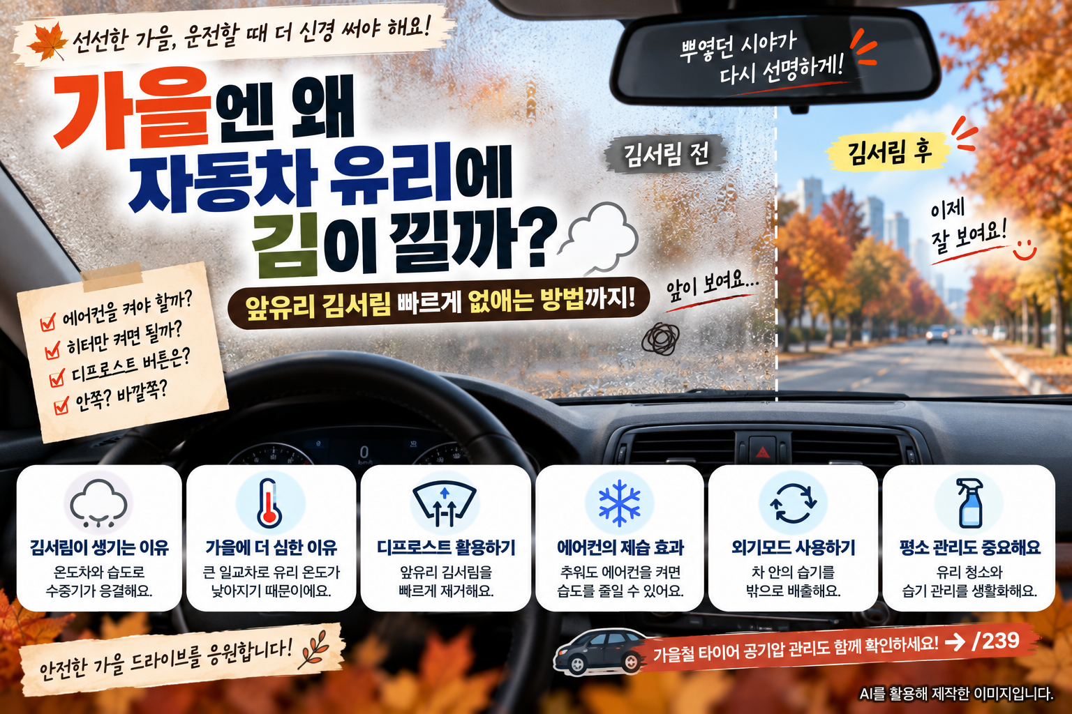 가을 자동차 앞유리 김서림이 생기는 이유와 디프로스트 에어컨을 이용한 제거 방법