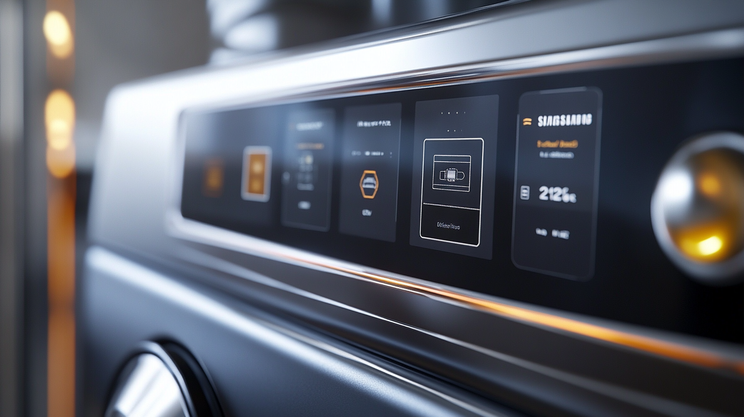 삼성 WF19T6000KW의 첨단 디지털 터치 스크린의 컨트롤 패널 클로즈업, 2025 테크놀로지의 미학을 강조합니다.