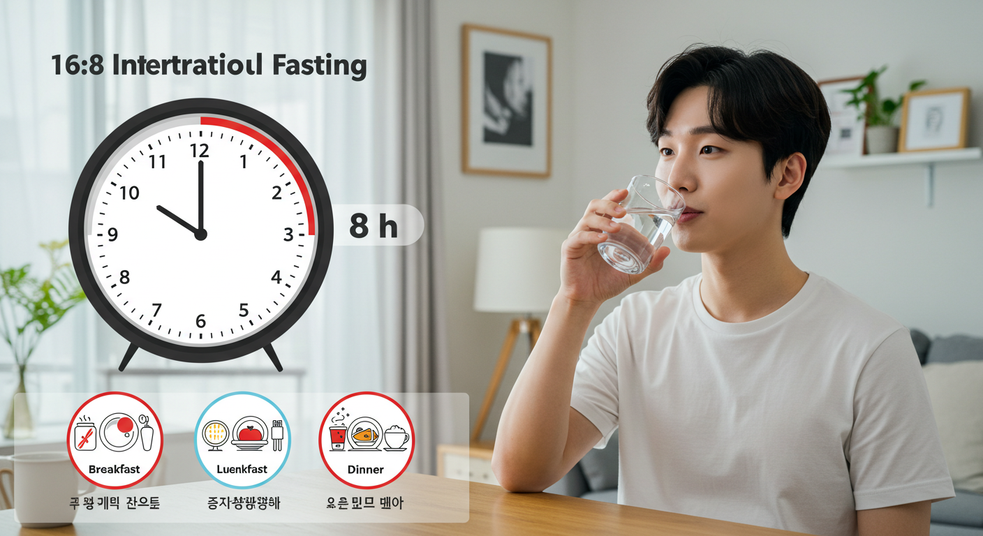 16:8 간헐적 단식 시간표 - 8시간 식사 창과 16시간 단식 기간을 보여주는 다이어그램