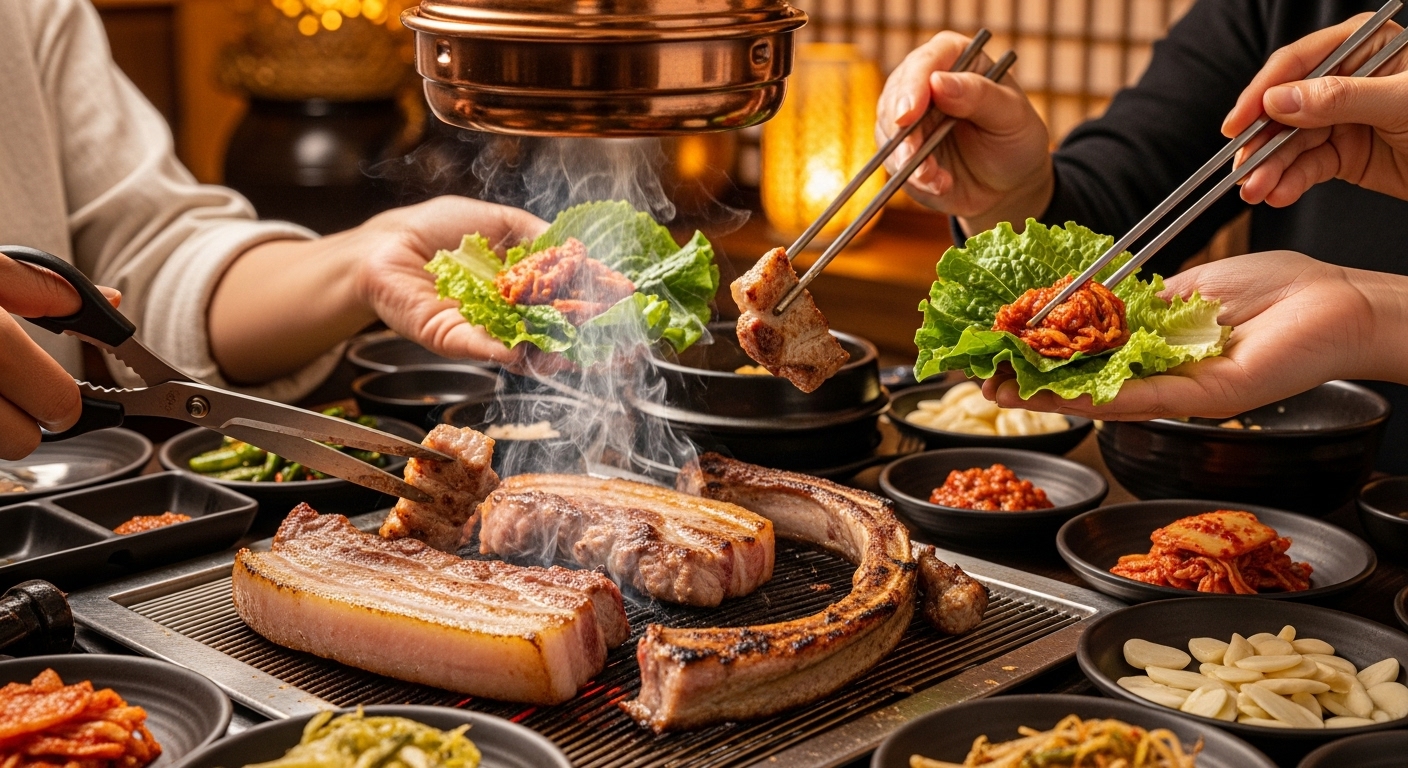 제주도 유명 식당에서 김이 모락모락 나는 흑돼지 바비큐를 즐기는 모습