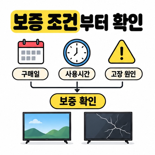구매일과 사용시간, 고장 원인을 보증 확인으로 연결하고 아래에 정상 화면과 금이 간 TV 화면을 나란히 보여주는 그림
