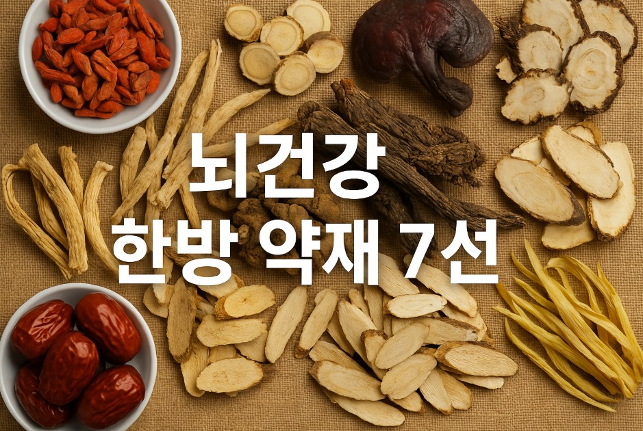 다양한 전통 한방 약재들이 황갈색 천 위에 보기 좋게 배열되어 있으며, 중앙에는 굵고 선명한 흰색 글씨로 "뇌건강 한방 약재 7선"이라는 문구가 적혀 있다. 화면 좌측에는 인삼, 대추, 구기자 등이 각각 그릇에 담겨 있고, 오른쪽에는 천마, 백복신, 사향 등의 뿌리와 말린 약초가 정갈하게 놓여 있다. 전통적이면서도 따뜻한 색조가 조화를 이루며 자연 치유의 이미지를 강조한다.