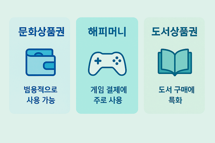 문화상품권·해피머니·도서상품권의 핵심 특징을 한눈에 요약한 카드형 비교 이미지