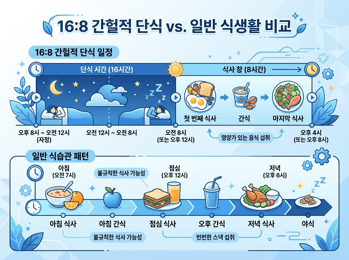 간헐적 단식 시간표와 식사 패턴 비교 인포그래픽