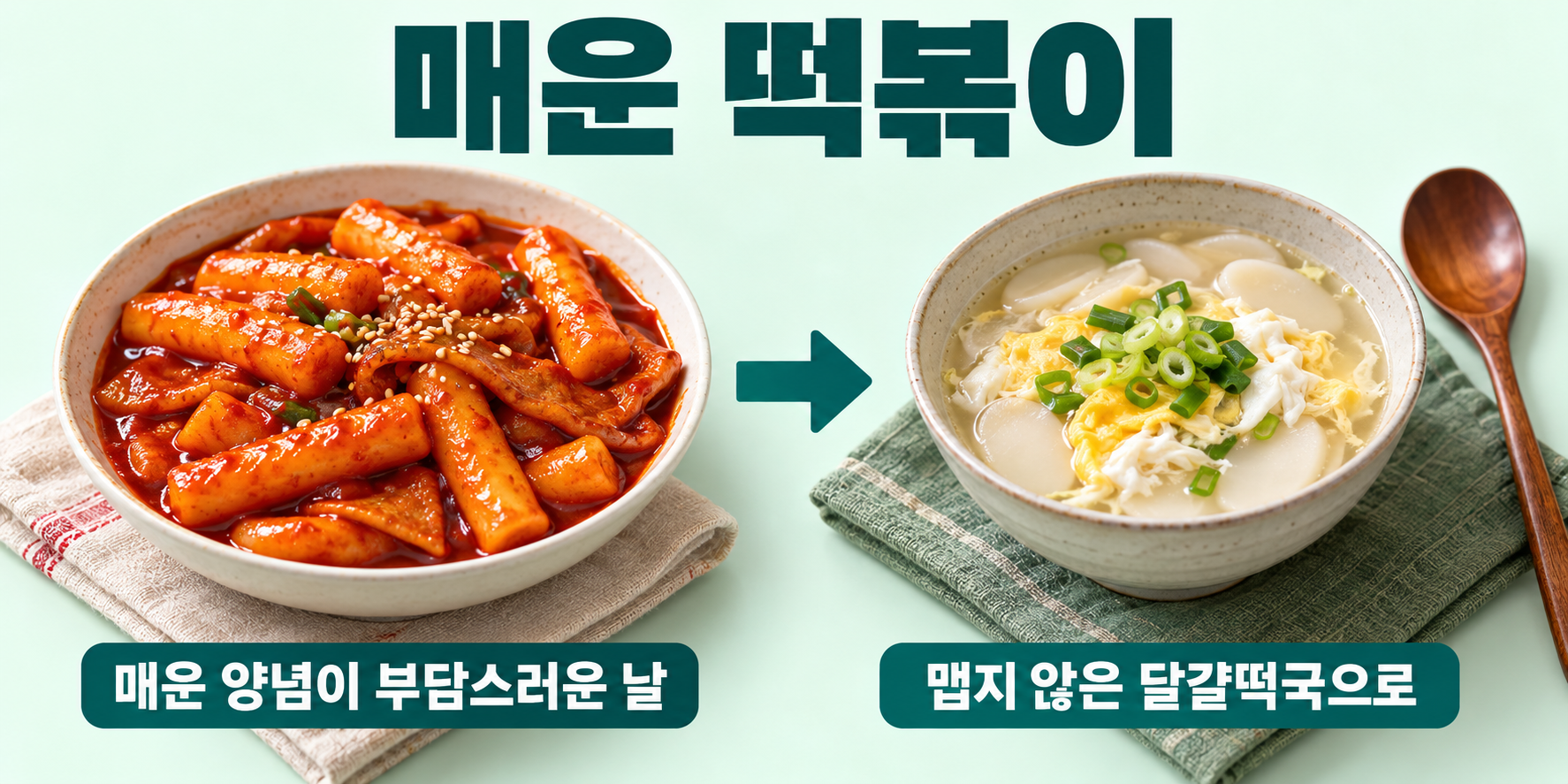 매운 떡볶이 실사 비교. 부담이 있는 때: 매운 떡볶이의 붉은 양념; 바꾼 끼니: 맵지 않은 달걀떡국 작은 그릇