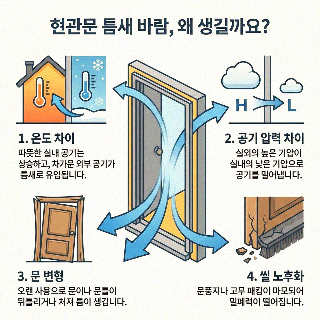 현관문 틈새 바람 더 이상 참지 마세요 간단한 차단 아이디어