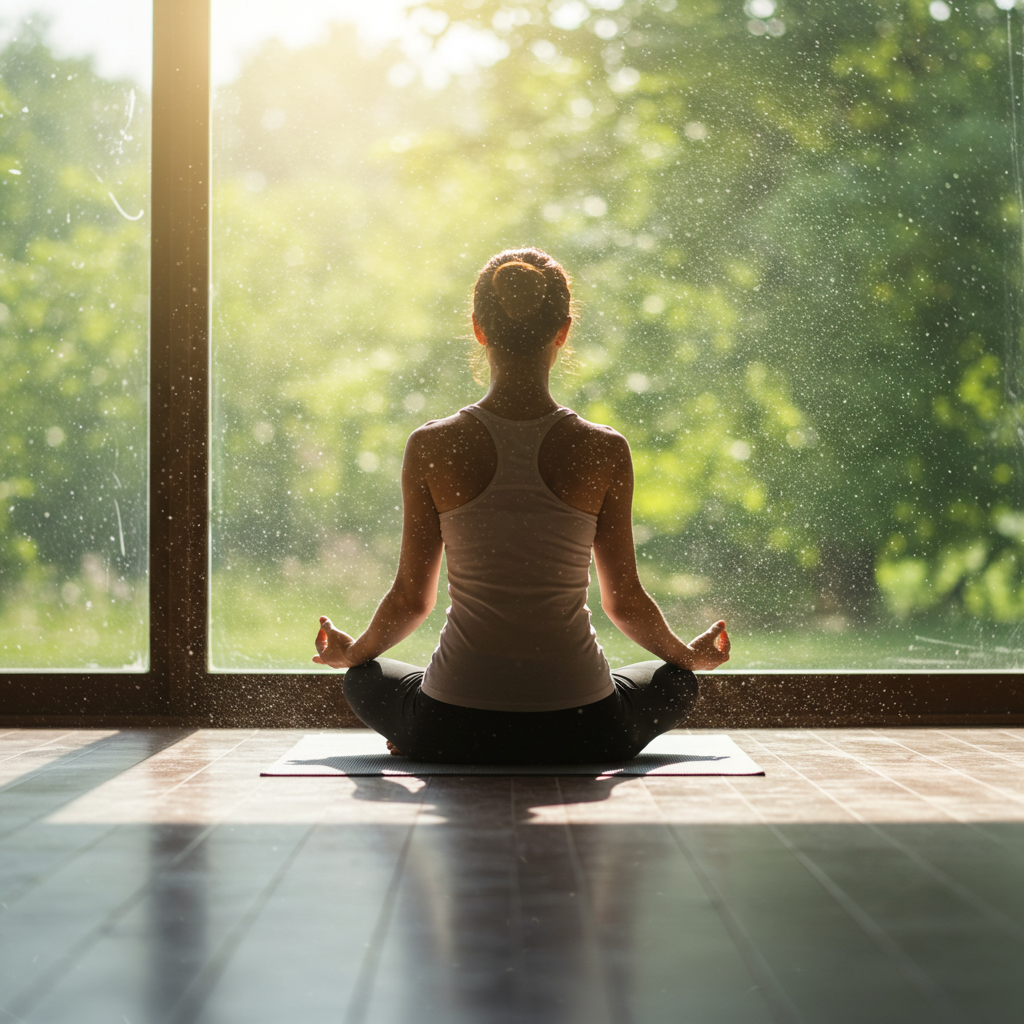 아침 햇살이 비치는 창가에서 한 사람이 평화롭게 명상과 호흡을 하며 스트레스를 관리하고 있는 모습