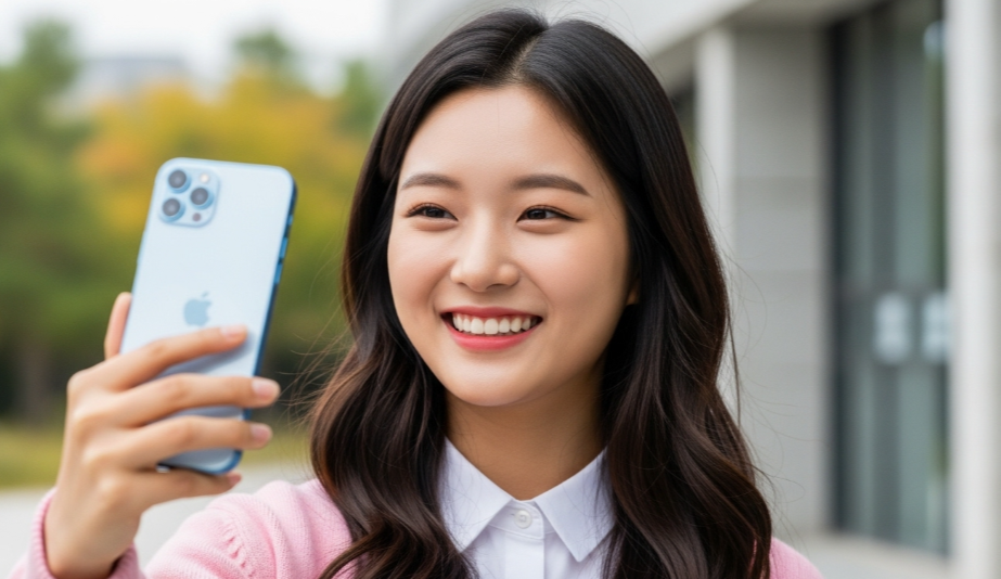 최신 아이폰 모델과 함께 수험표를 들고 환하게 웃는 수험생의 모습