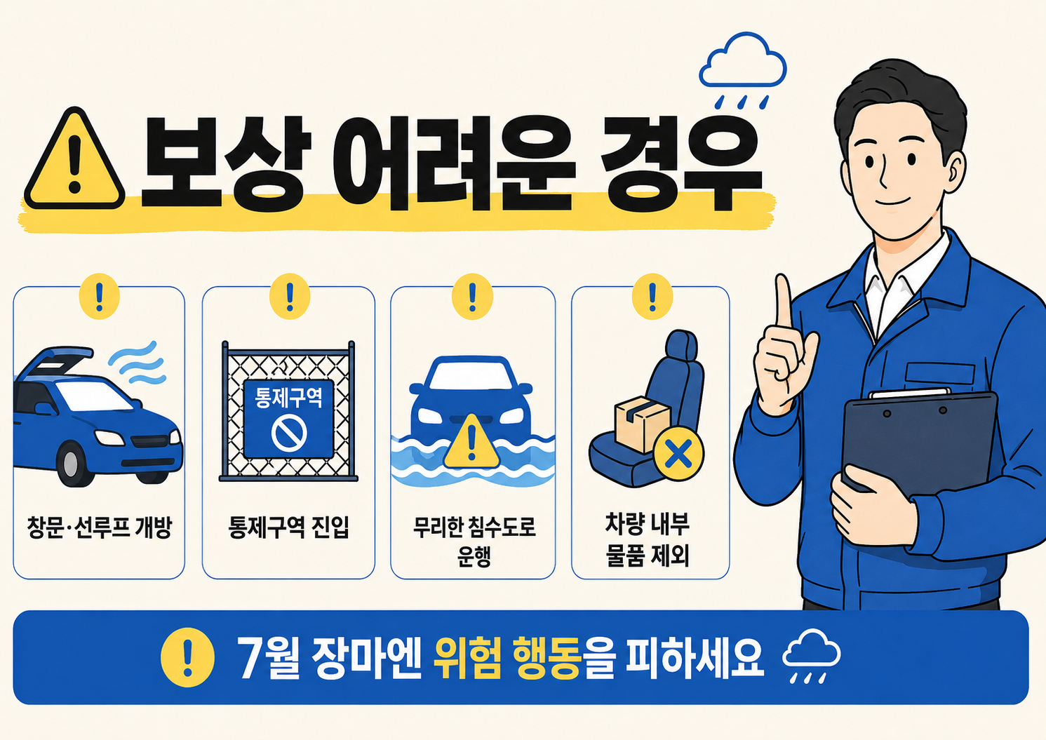 자동차 침수 보험 처리 순서 5단계를 안내하는 이미지로, 시동 걸지 않기, 사진과 영상 기록, 보험사 접수, 견인과 정비소 입고, 수리 또는 전손 판단 과정이 순서대로 표시되어 있다.