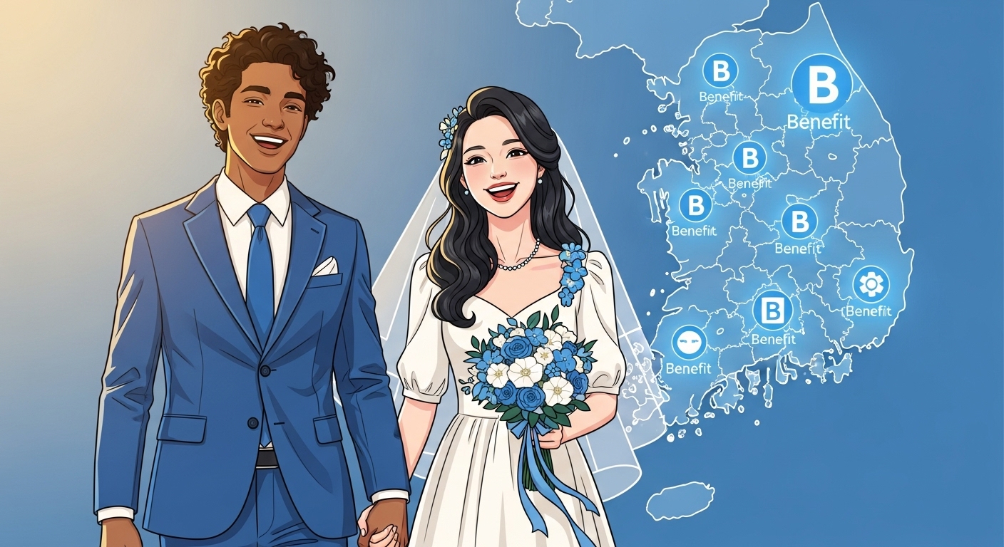웃는 신혼부부가 대한민국 지도 배경 앞에서 손을 잡고 서 있는 모습. 지역별 신혼부부 혜택을 상징하는 밝고 희망찬 이미지.