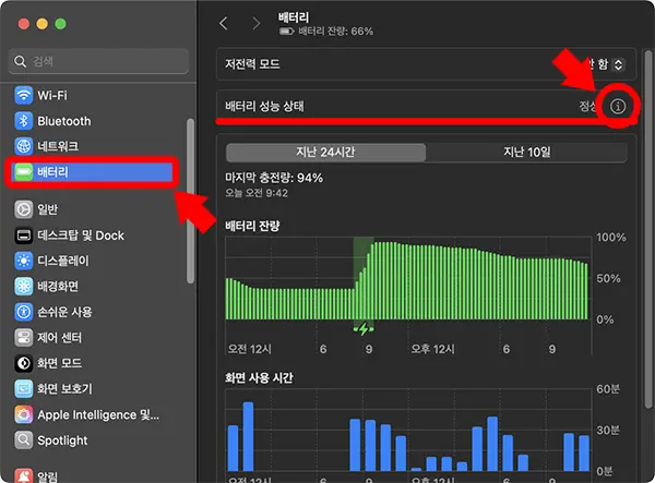 시스템설정 -&gt; 배터리 -&gt; 배터리 성능 상태에서 활성화 여부를 확인할 수 있다.