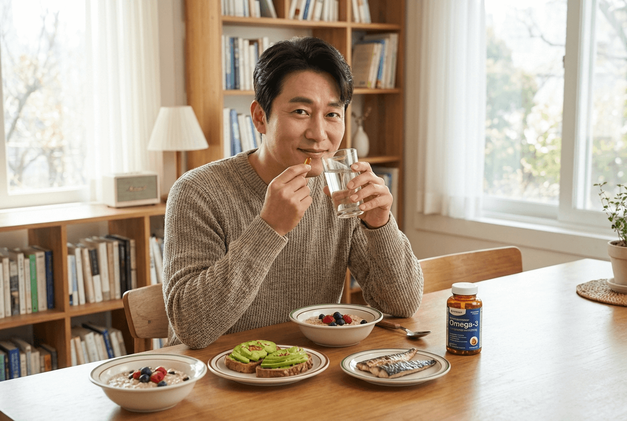 오메가3 캡슐을 식사와 함께 복용하는 모습