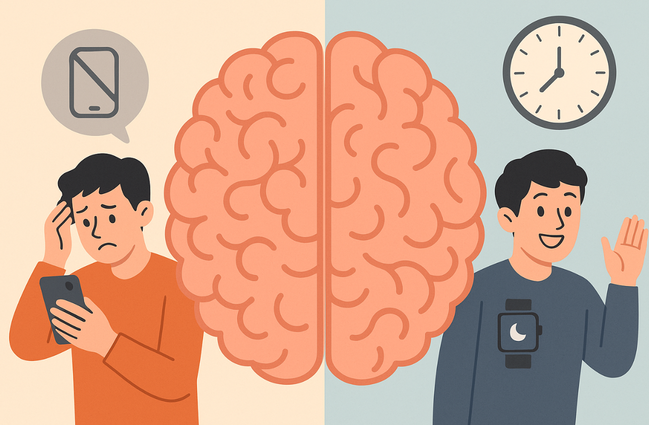 스마트폰으로 인해 지친 뇌과 디지털 단절법으로 편안한 뇌의 비교 일러스트