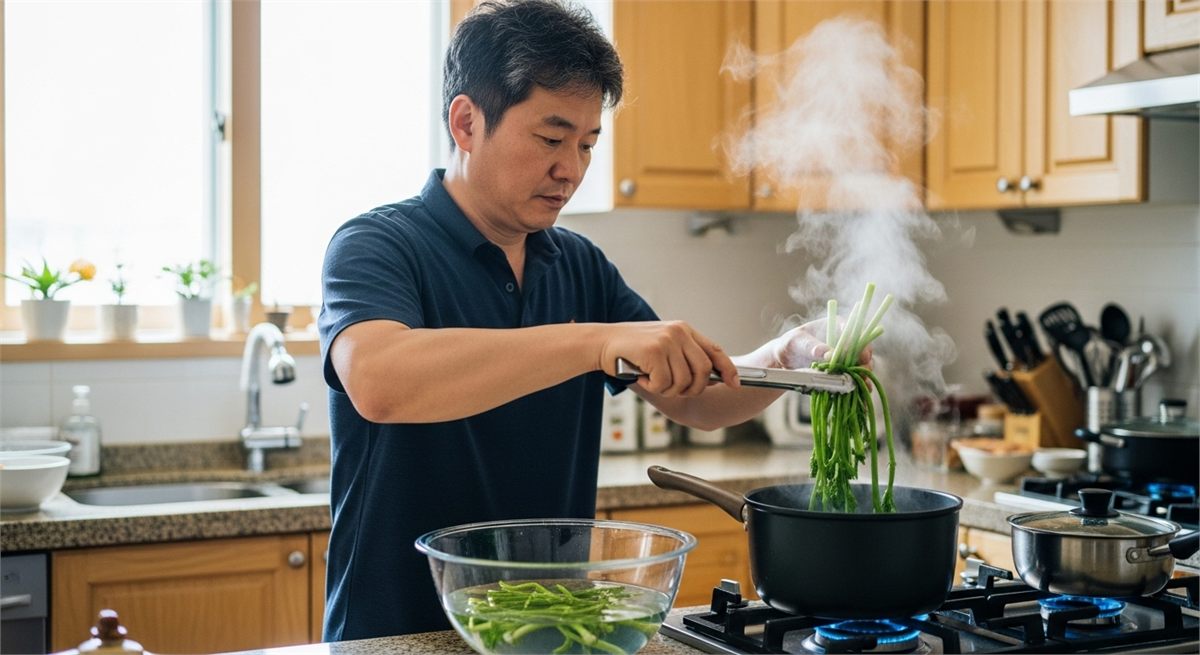 데친 두릅을 찬물에 옮겨 식히는 한국인 남성의 모습