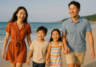 바닷가에서 산책하고 있는 가족 모습