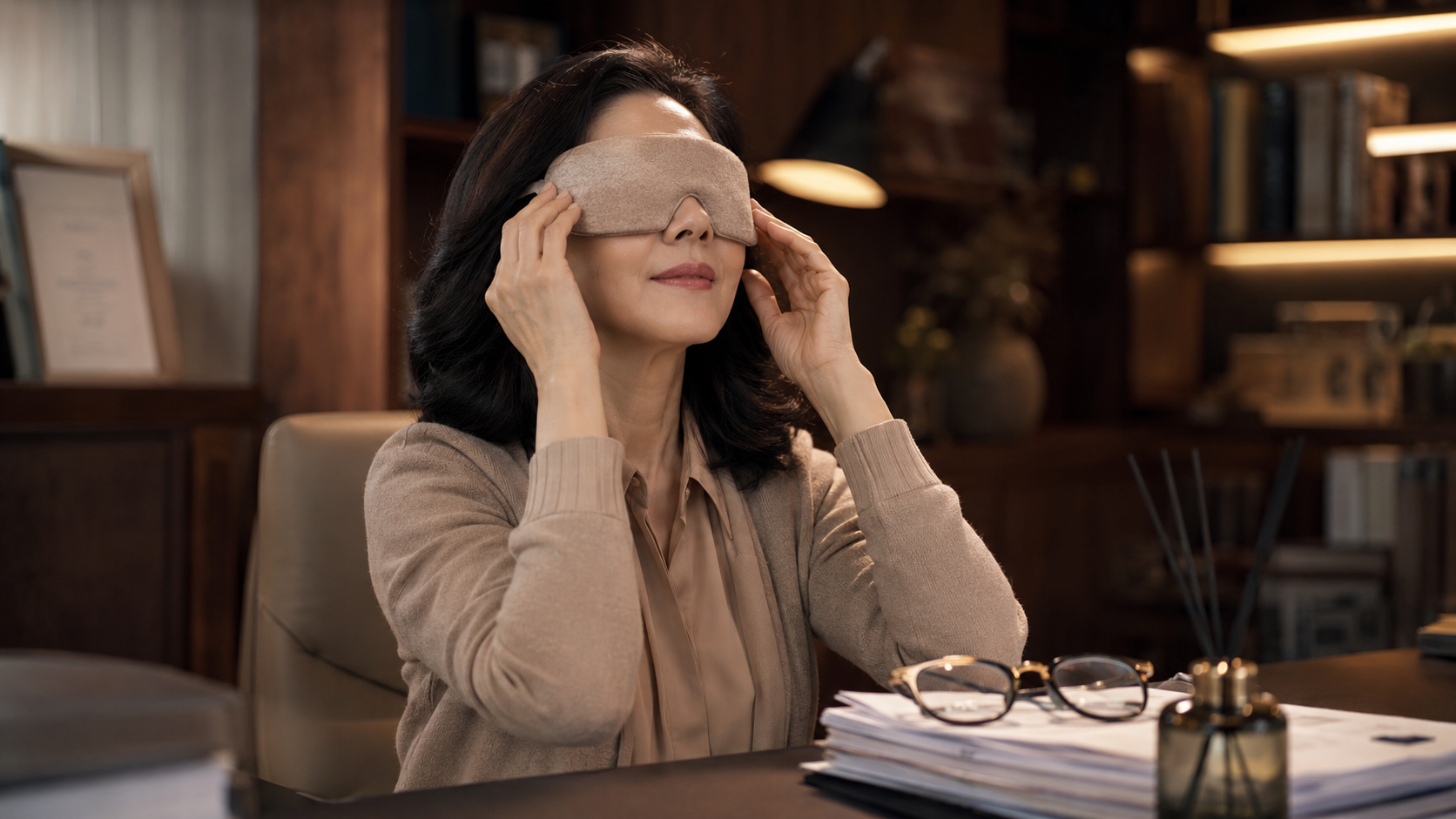 갑자기 찾아온 노안과 안구 피로를 풀어주기 위해, 서재 책상에 앉아 편안한 방향제 향기를 맡으며 양손으로 따뜻한 온열 안대를 눈 위에 얹고 휴식을 취하는 50대 여성의 모습