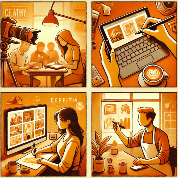 사진.영상 촬영, 일러스트, 글쓰기, 알바 하는 4분할 그림