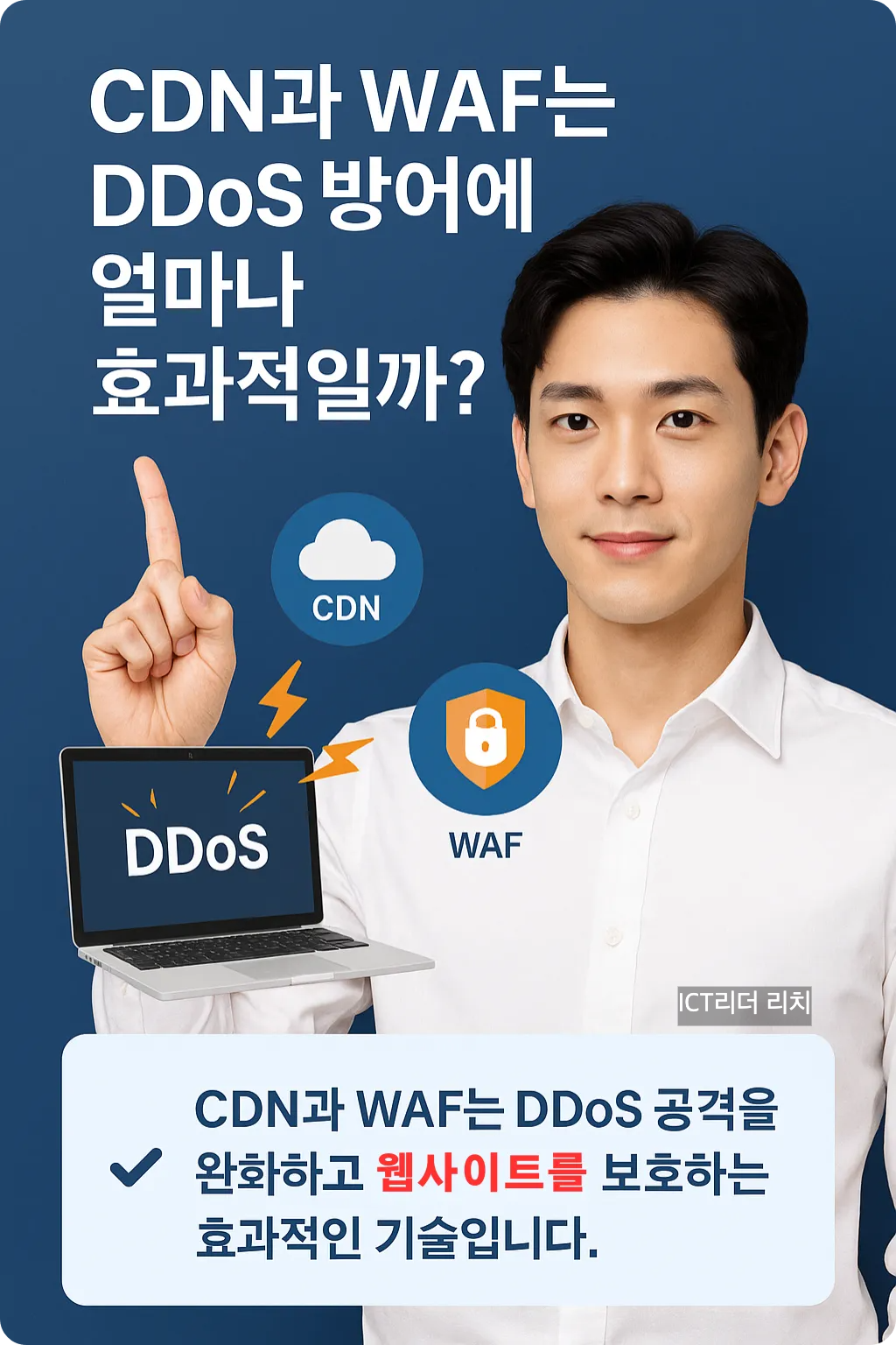 CDN과 WAF의 기술적 작동 원리를 설명하는 DDoS 방어 인포그래픽
