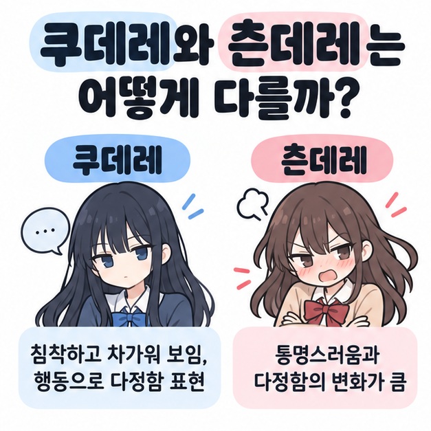 쿠데레와 츤데레의 감정 표현 차이를 비교한 그림