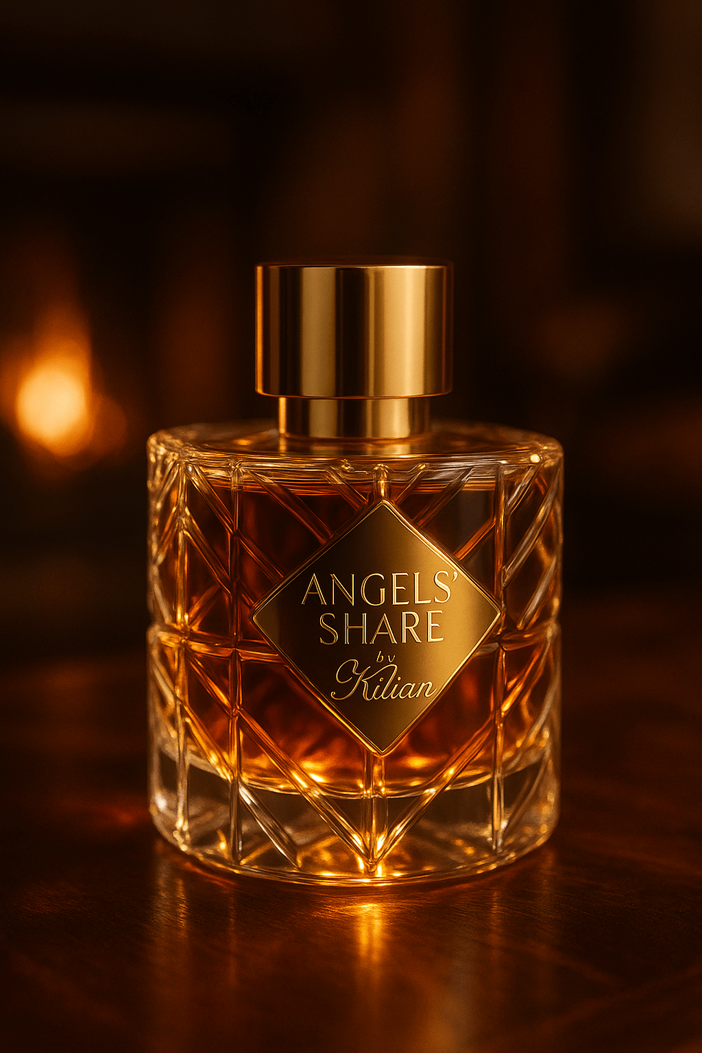 고급스러운 크리스탈 컷 디자인의 향수병이 따뜻한 겨울밤 분위기 속에서 벽난로 불빛에 반사되어 빛나는 모습. 병 안에는 코냑빛 캐러멜 컬러 액체가 담겨 있고, 전면 라벨에는 금박으로 "Angels' Share by Kilian"이라는 문구가 세리프체로 각인되어 있다.