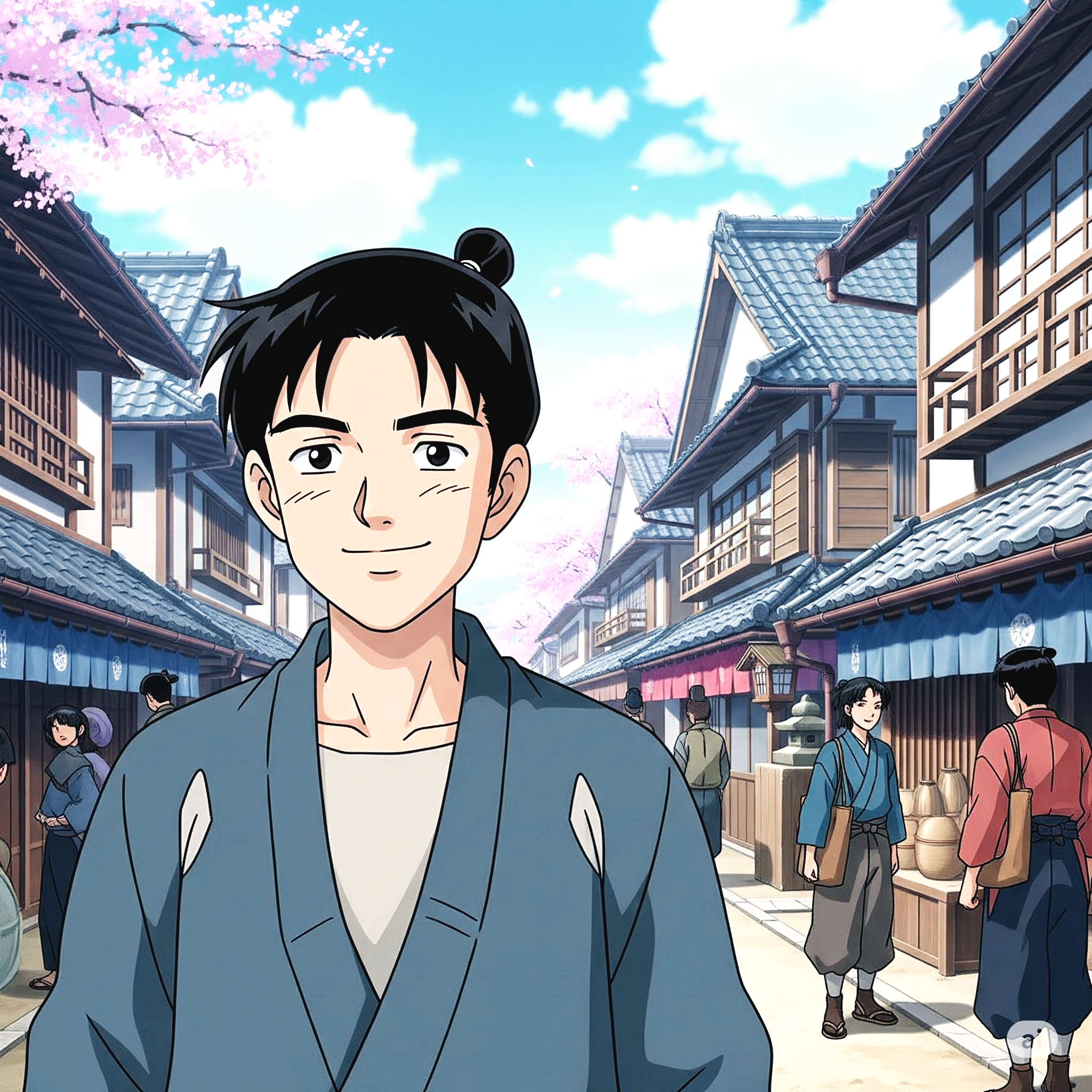 옛날 일본 거리에 서 있는 청년의 그림