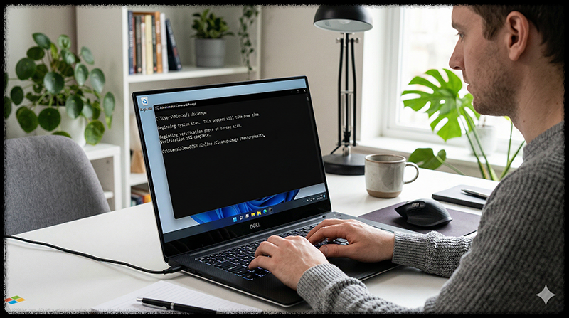 명령 프롬프트에서 sfc와 dism 명령어를 실행하는 모습