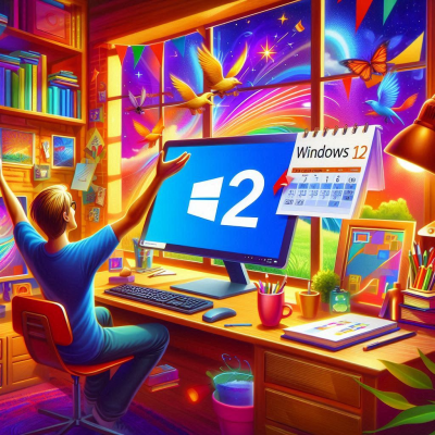 미래적인 방에서 윈도우 12를 작업하는 모습.