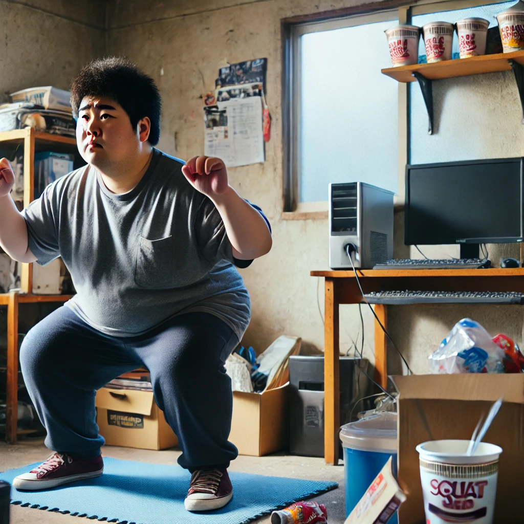 "운동 부족으로 살이 찐 한국 남성이 작은 방에서 스쿼트를 하며 다이어트와 하체 근력 강화를 시도하는 모습. 주변에는 컴퓨터 책상과 컵라면 봉지가 놓여 있어 운동 초보자의 현실적인 분위기를 보여줌"