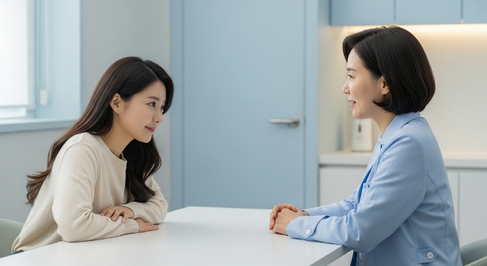 산부인과 진료실에서 상담받는 여성