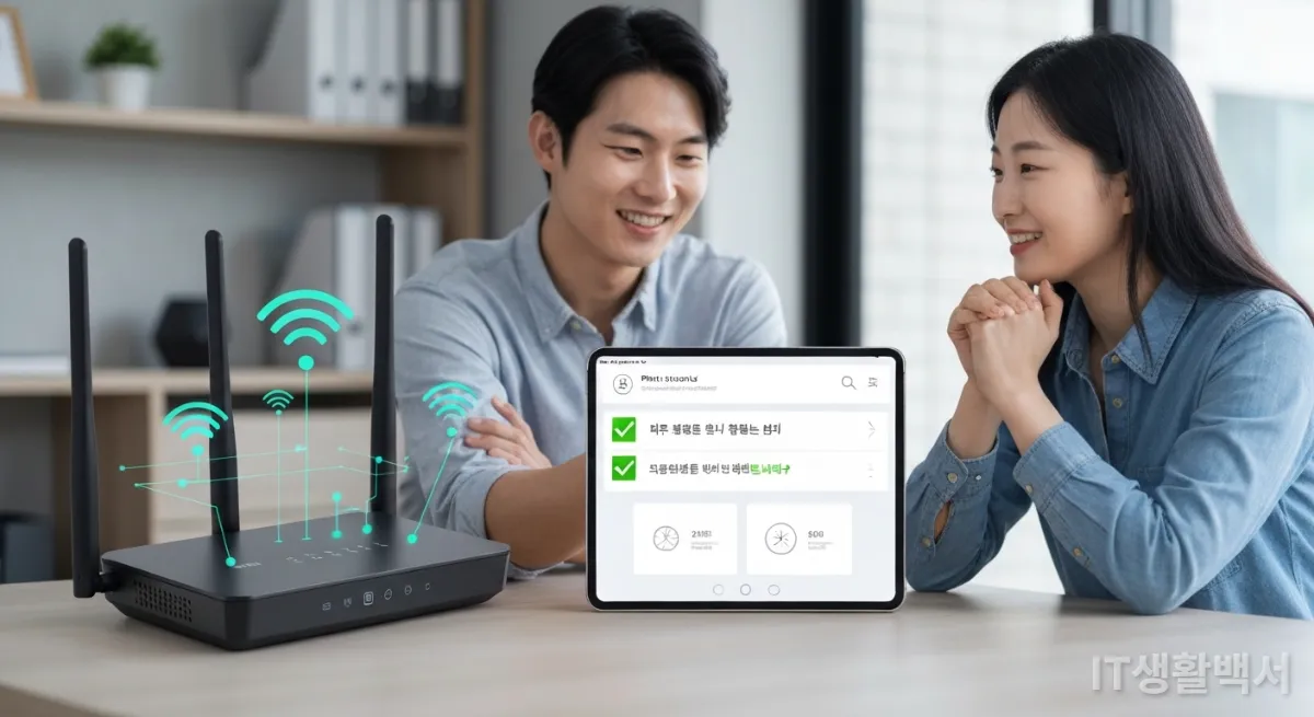 스마트홈 보안 대시보드를 보여주는 태블릿과 무선 공유기