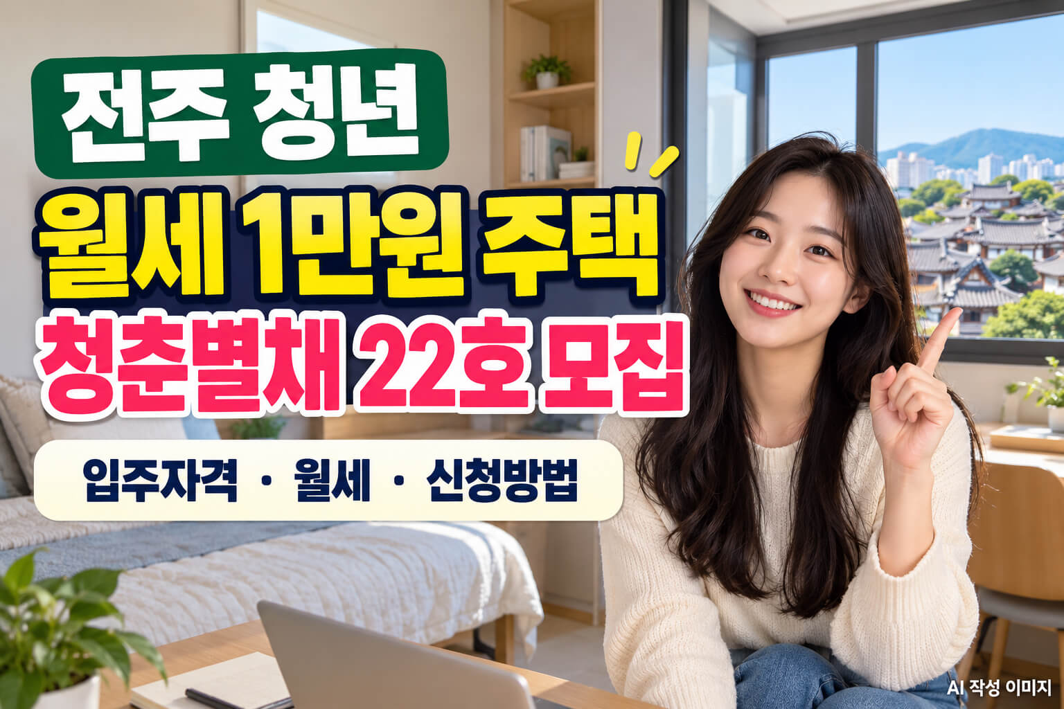 전주 청년을 대상으로 월세 1만원에 공급하는 청춘별채 22호 모집의 입주자격·월세·신청방법을 안내하는 이미지