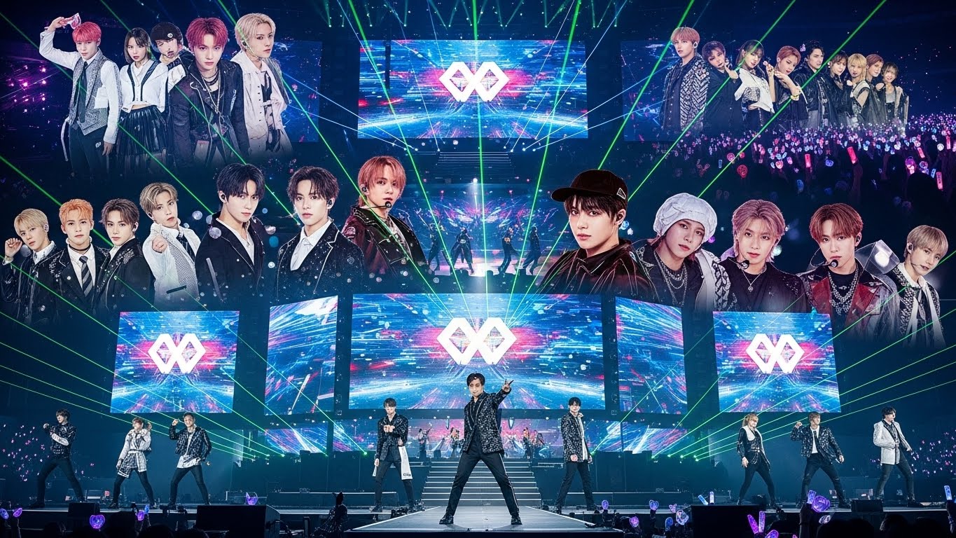 2025년 한 해를 빛낸 K-POP 아이돌 그룹들의 공연 모습 콜라주