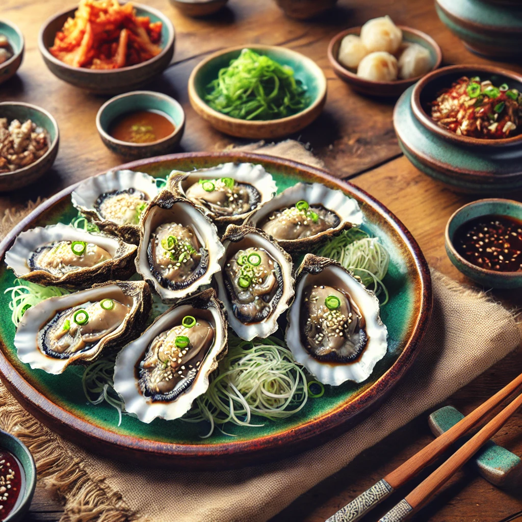 &quot;전통 한국 굴찜, 껍데기 굴을 찜하여 깨와 파로 고명한 간단하고 건강한 요리&quot;