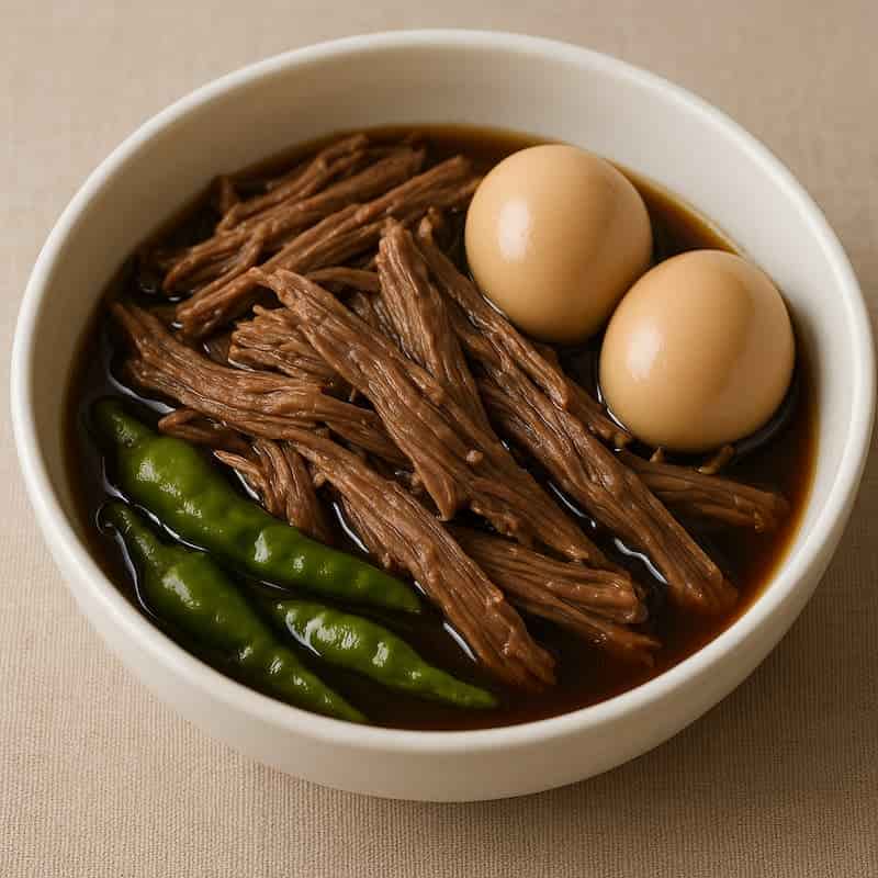 그릇에 담긴 소고기 장조림. 결대로 찢은 소고기와 삶은 달걀, 청양고추가 짙은 간장 양념에 잠겨 있다