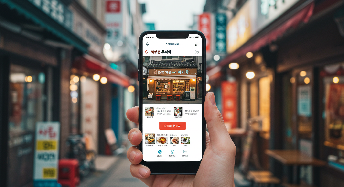 망고플레이트 앱으로 강릉 맛집을 검색하는 한국인.