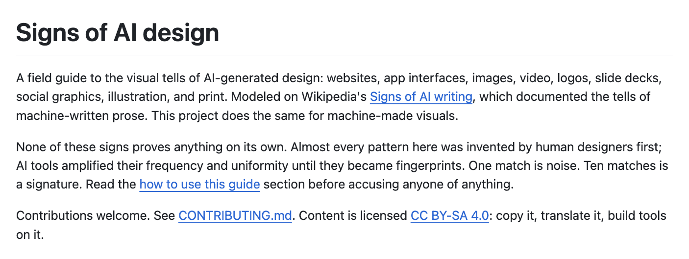 깃허브 Signs of AI design 저장소 소개, AI 생성 디자인의 시각적 단서를 모은 현장 가이드