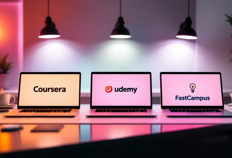Coursera, Udemy, FastCampus 로고가 각각 표시된 노트북 세 대가 책상 위에 나란히 놓인 모습