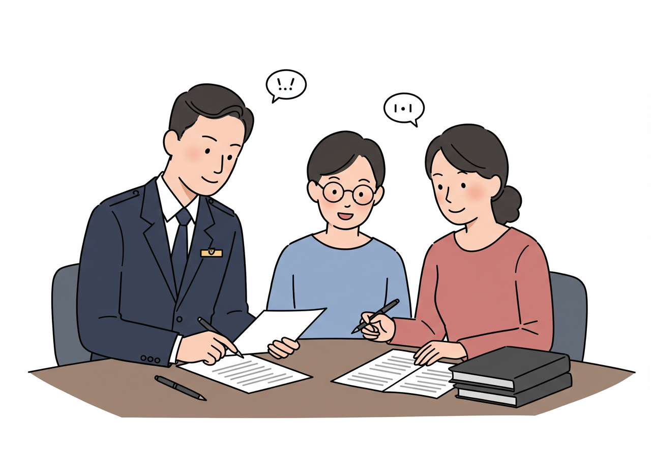 담당공무원이 부모에게 서류를 함께 보며 잘문에 응대하는 모습