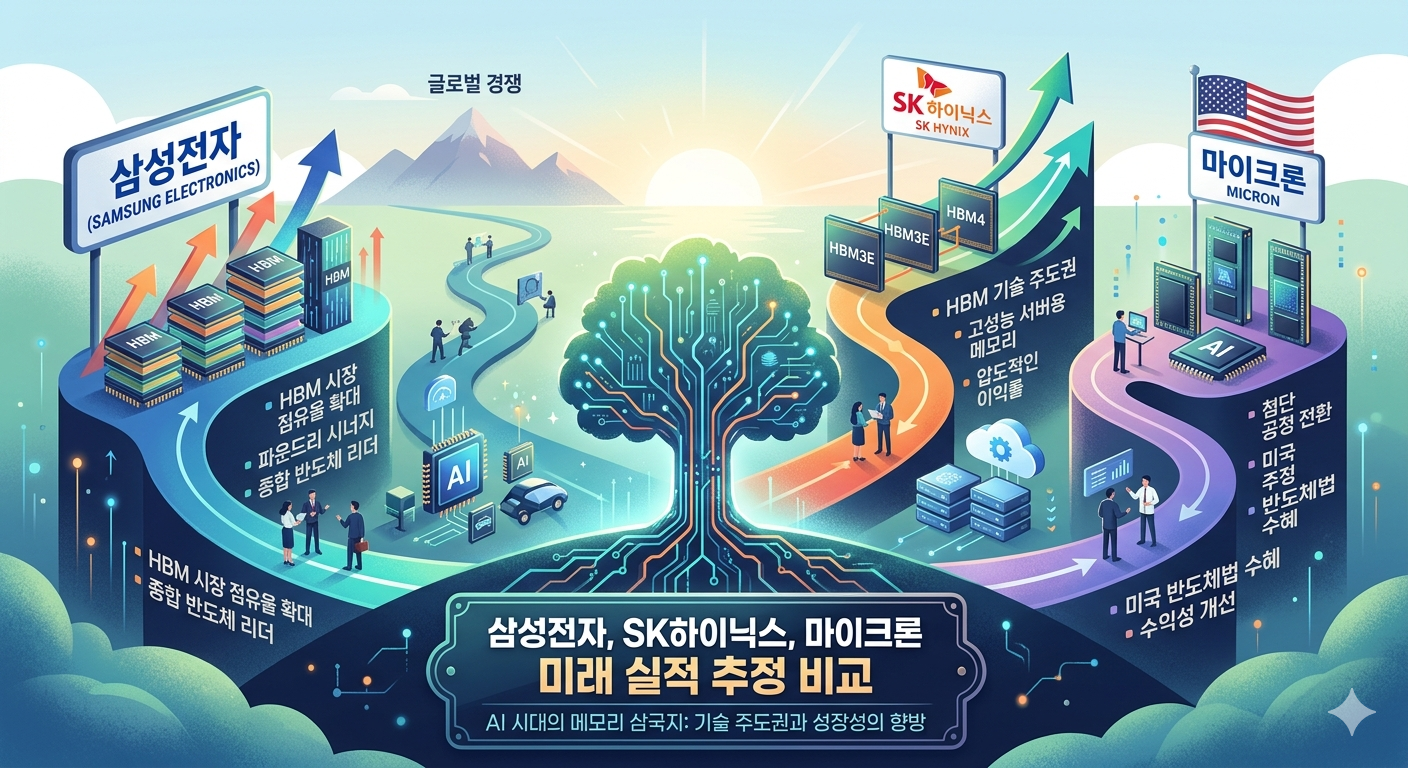 삼성전자, SK하이닉스, 마이크론 미래 실적 추정 비교: HBM과 차세대 메모리 주도권의 향방