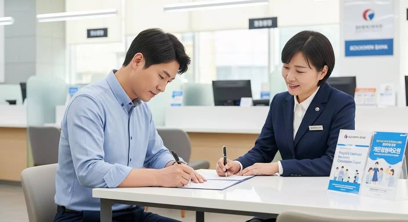 은행 창구에서 민생회복 소비쿠폰을 신청하는 중년 남성과 은행 직원