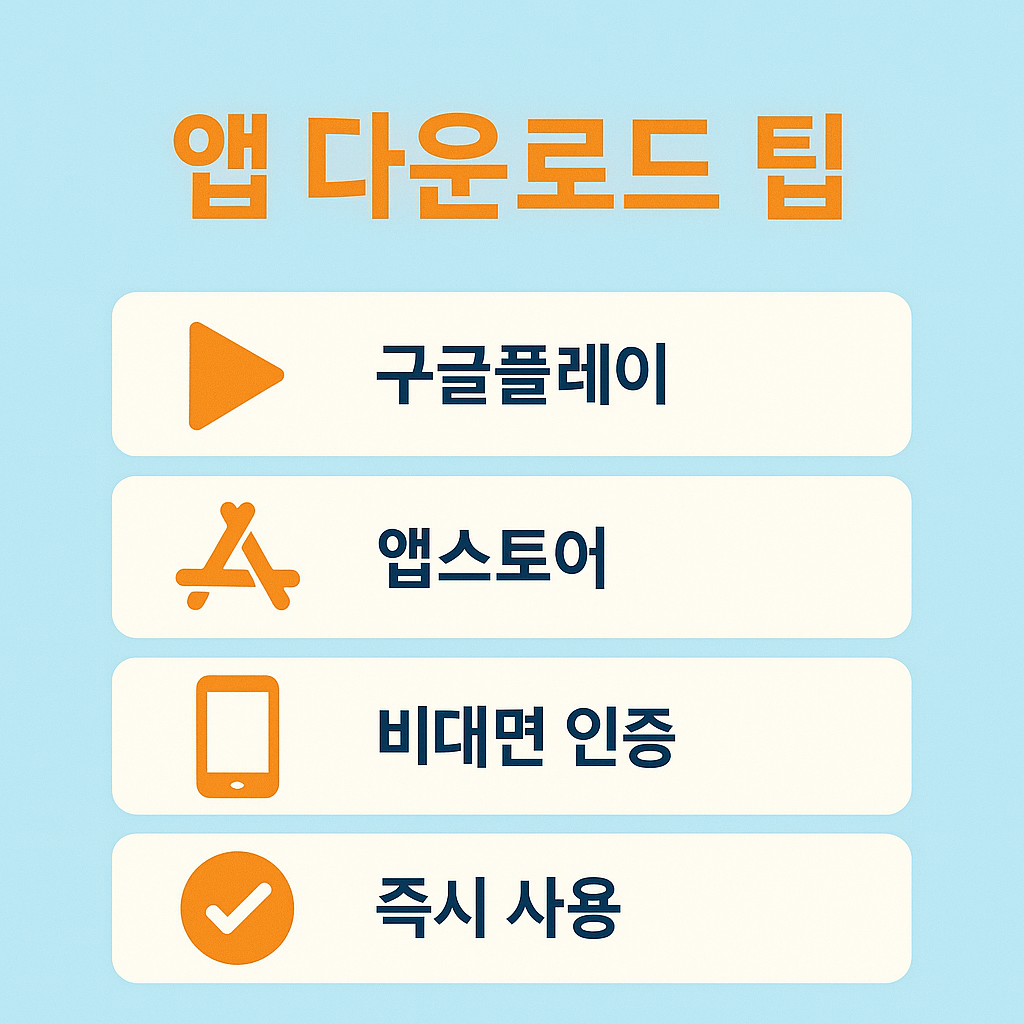 다올저축은행 이자 확인 앱사용법을 위한 앱 다운로드 팁으로 구글플레이, 앱스토어 설치 후 비대면 인증을 거쳐 즉시 사용할 수 있다는 안내 이미지