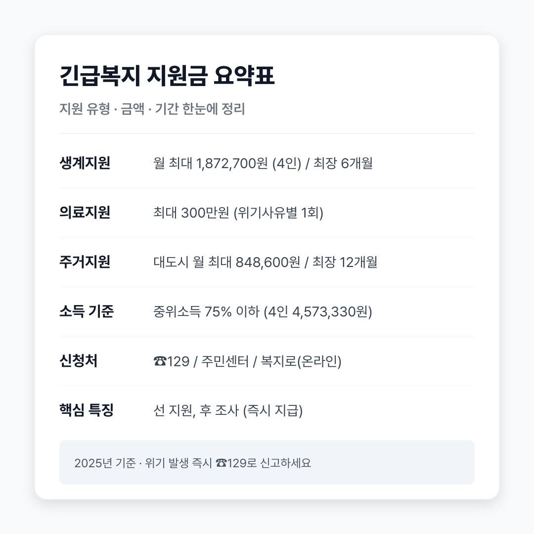 긴급복지 지원금 유형별 금액 요약